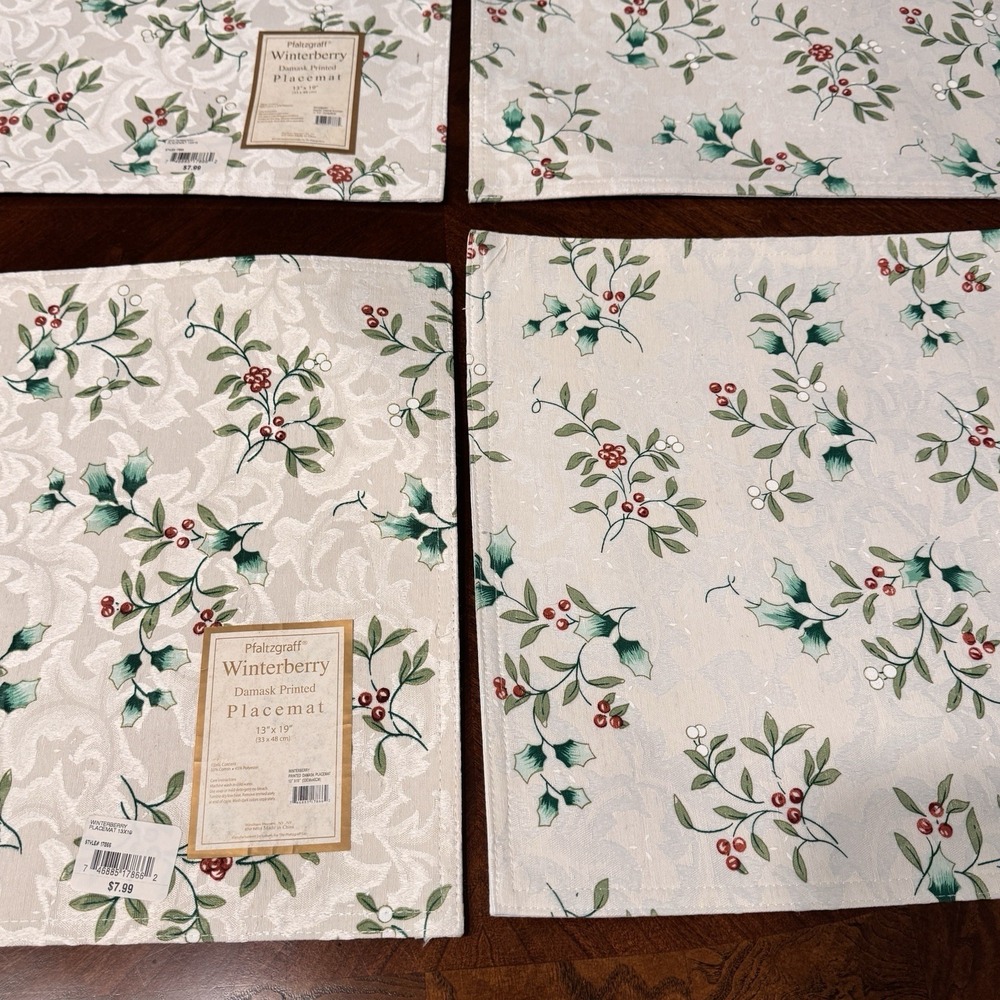 Set 4 Winterberry Placemats Pfaltzgraff Holly Christmas Damask Cloth 13x19" New